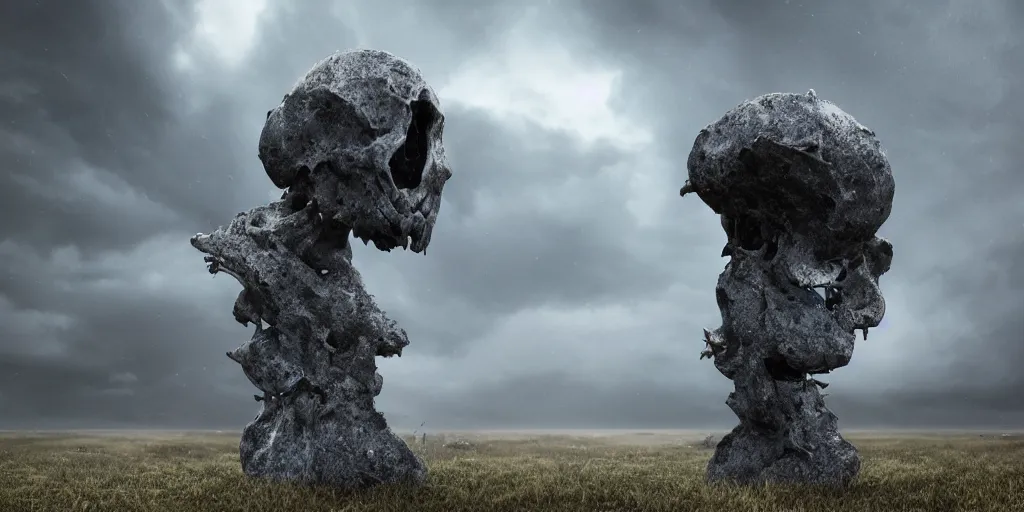 Image similar to photorealistic strange sculpture made of bird skulls. epic landscape, with ominous storm clouds, strange levitating stones, stones falling from the sky, a gentle rising mist. occult photorealism, uhd, amazing depth, glowing, golden ratio, 3 d octane cycle unreal engine 5, volumetric lighting, cinematic lighting, cgstation artstation concept art