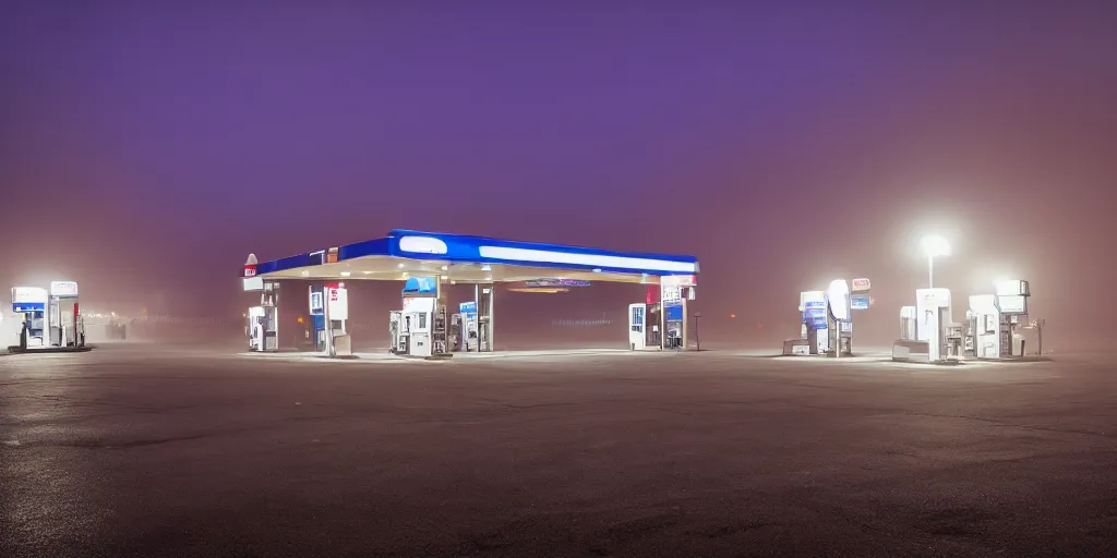 Image similar to gas station, fog, night, atmospheric lighting, high quality digital photography, 8k