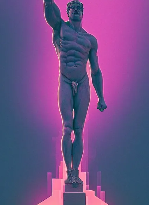 Image similar to statue of hercules, beeple, android jones, ( ( ( ( ( dan mumford ) ) ) ) ), vaporwave, retrowave, black background, neon wiring, black, glitch, strong contrast, cuts, pinterest, trending on artstation