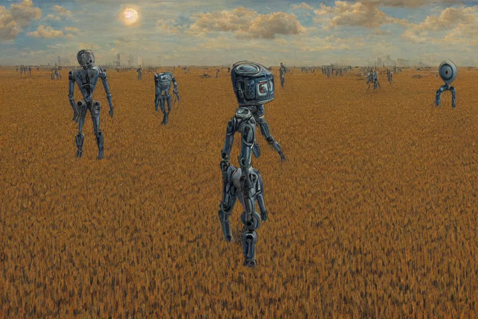 Image similar to sci-fi painting of a large alien city on the vast wheat fields, the closed back view of one humanoid robot on the ground, by Gustave Baumann, godrays, detailed