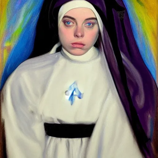 Image similar to Billie Eilish as a nun, painted by Robert Henri