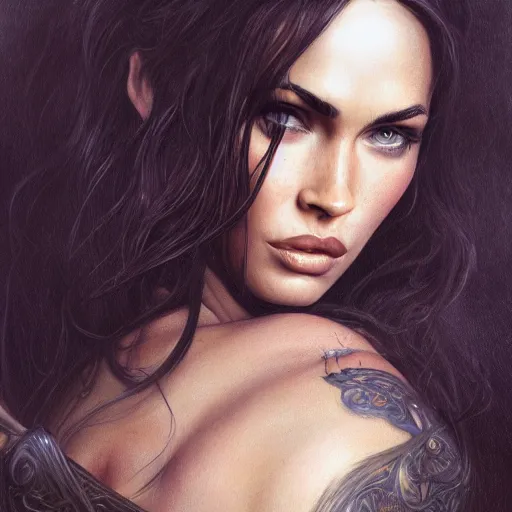 Prompt: mid portrait of Megan Fox, very large breasts, low cut top, flowing hair, D&D, makeup, fantasy, intricate, cinematic lighting, highly detailed, digital painting, artstation, concept art, smooth, sharp focus, illustration by Frank Frazetta, art
