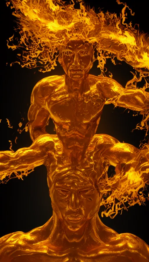 Image similar to a surreal painting of a god made of golden fire, octane renderer, unreal engine, 3 d hyper realistic, volumetric lighting