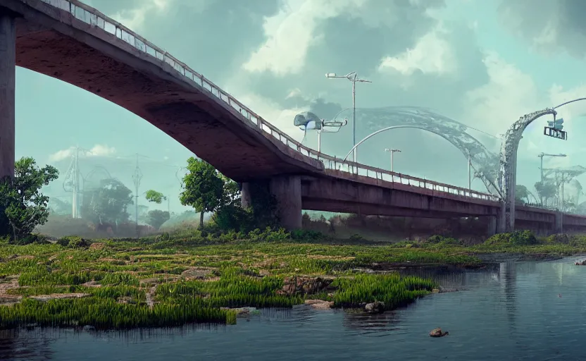 Image similar to a big bridge destroyed by enormous cotton plants, 3 d octane render, epic lighting, 8 k, by goro fujita