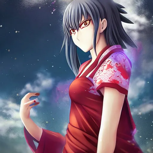 Image similar to Kagura from Gintama ascending to godhood, by wlop