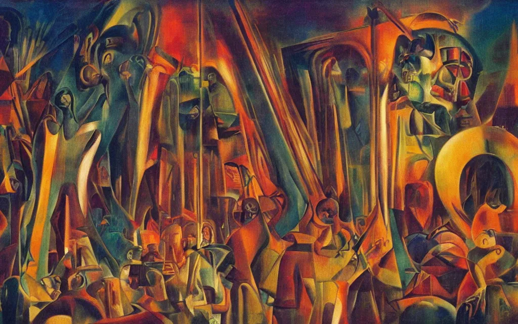 Image similar to colorized movie still from metropolis, oil painting by dali, iridescent color palette chromatic aberration