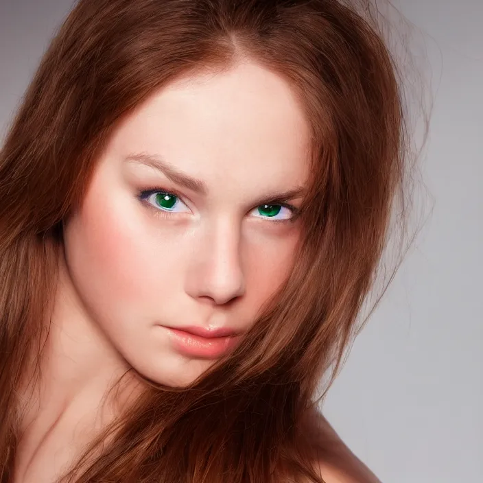 Image similar to Velvia RVP 50, 8K, red and green lighting, highly detailed, britt marling style 3/4 photographic Close-up face of a extremely beautiful girl with clear eyes and brown hair , high quality, photo-realistic.