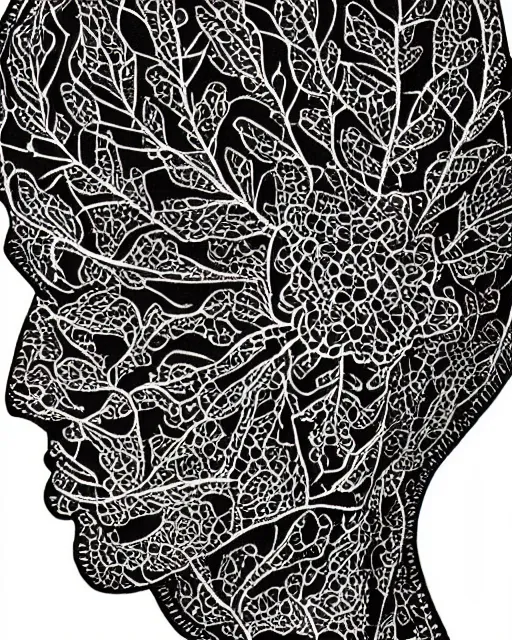 Image similar to a woman's face in profile, made of intricate decorative lace leaves, in the style of banknote illustration