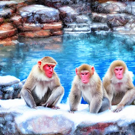 Prompt: snow monkeys at the mountain spa, desaturated color (blues, reds), digital art by Steve Henderson