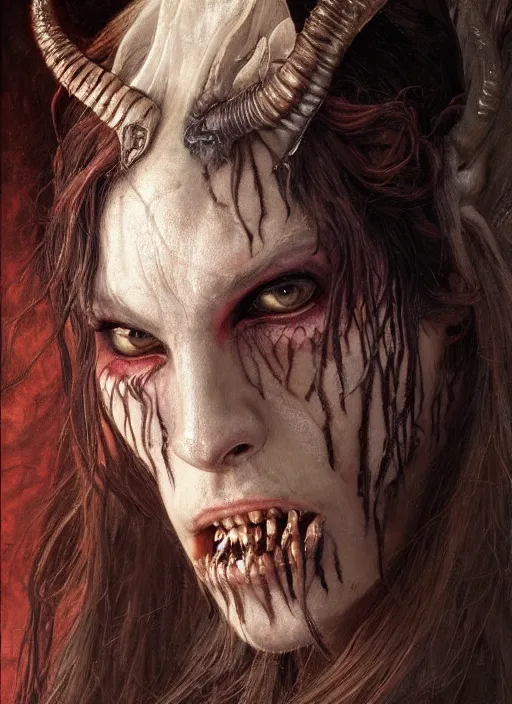 Image similar to half demon half human intricate skin hairy costume, elegant, peaceful, full body, horns, hyper realistic, extremely detailed, dnd character art portrait, fantasy art, intricate fantasy painting, dramatic lighting, vivid colors, deviant art, artstation, by edgar maxence and caravaggio and michael whelan and delacroix.