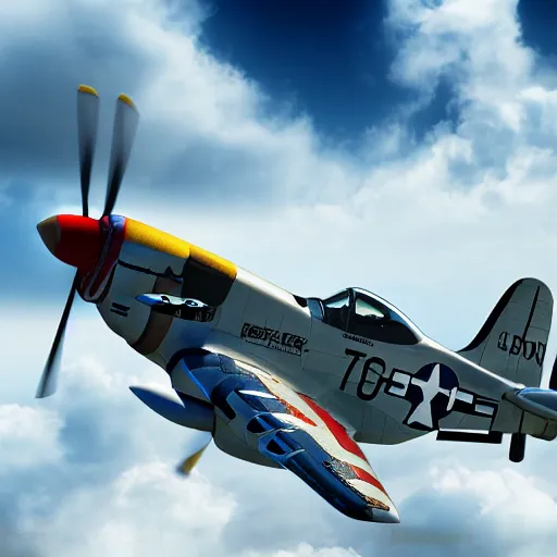 Prompt: P-51 Mustang flying in the clouds, chrome and invasion stripes, close-up, intricate details, intricate textures, warm lighting, vivid colors, realistic octane render, hyper realistic render, volumetric shading, depth of field, raytracing, 8k,