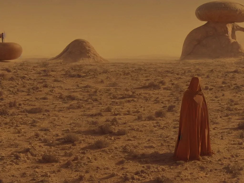 Image similar to glowing bene gesserit in full - face golden mask in a dry rocky desert landscape with abandoned city beneath the sand and giant alien spaceship in the sky by christopher doyle and alejandro jodorowsky, anamorphic lens, kodakchrome, cinematic composition, very detailed photo, 8 k,