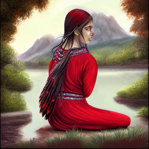 Prompt: prompt Young Harpy, red feathered wings, wearing Inka clothes, sad expression, sitting at a pond, mountainous area, trees in the background, digital art