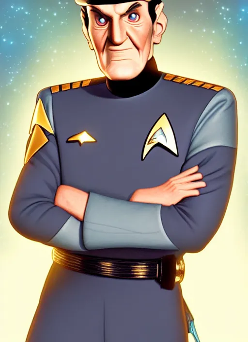 Image similar to cute star trek officer tommy cooper, natural lighting, path traced, highly detailed, high quality, digital painting, by don bluth and ross tran and studio ghibli and alphonse mucha, artgerm