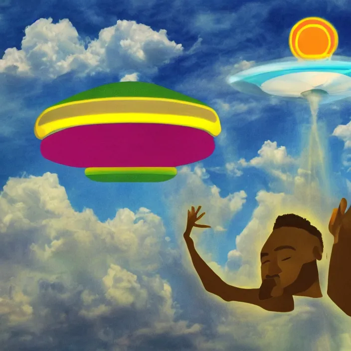 Image similar to UFO hovering over an African Jesus , clouds, colorful, in the style of Nigerian bus art,