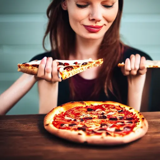 Prompt: woman eating a pizza with bones