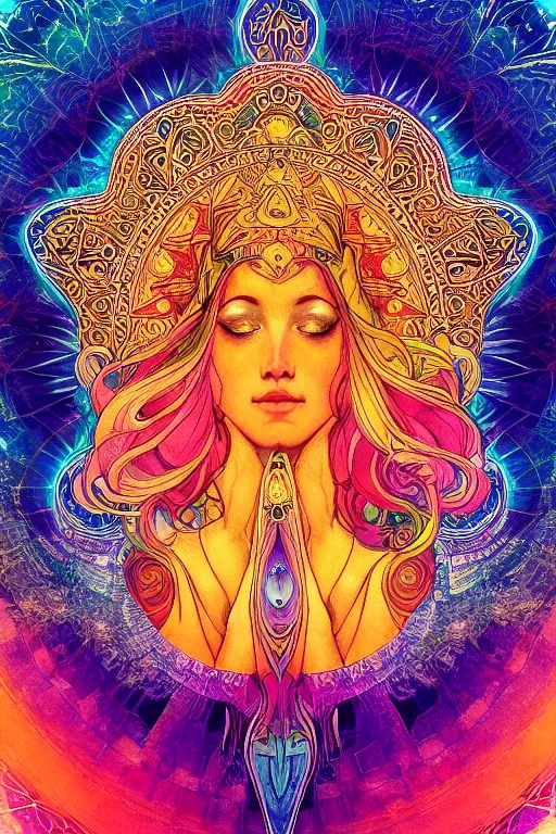 Image similar to beautiful goddess of space and dreams, mandala, coherent design, symmetrical, vivid colors, digital watercolor ink illustration painting, complementary color, golden ratio, detailed, sharp lines, sharp focus, intricate, rainbowshift, artgerm, gustave dore, maxfield parrish, alphonse mucha, octane render