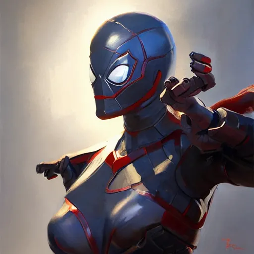 Image similar to greg manchess portrait painting of partially armored female iron spiderman as overwatch character, medium shot, asymmetrical, profile picture, organic painting, sunny day, matte painting, bold shapes, hard edges, street art, trending on artstation, by huang guangjian, gil elvgren, ruan jia, greg rutkowski, gaston bussiere