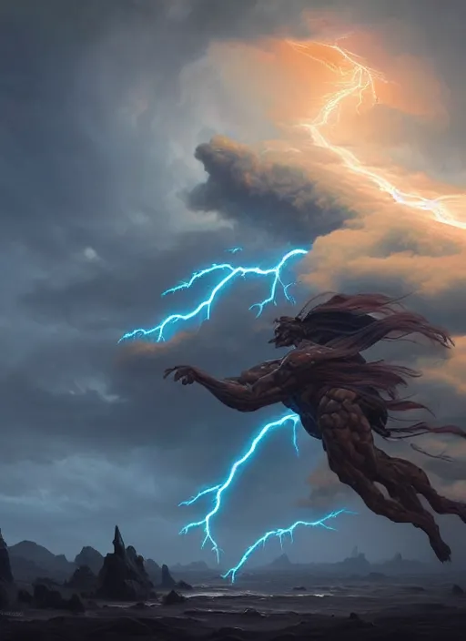 Image similar to an monstrous air elemental throwing a lightning bolt made out of clouds, intricate, brutal, highly detailed, digital painting, artstation, concept art, smooth, sharp focus, illustration, art by artgerm and greg rutkowski and alphonse mucha, 8 k