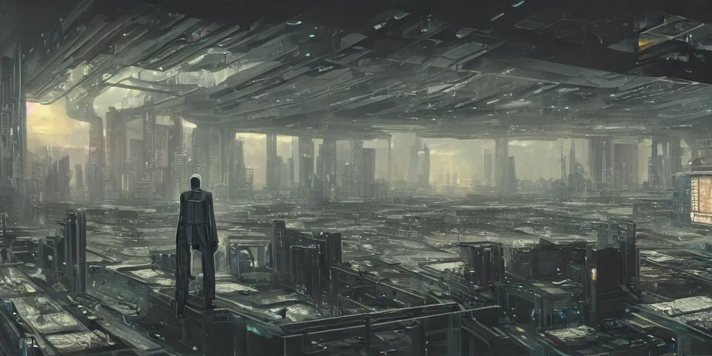 Image similar to a dystopian cyberpunk office interior with huge holographic displays everywhere, ralph maquarrie and giger and syd mead cinematic matte painting, 4 k
