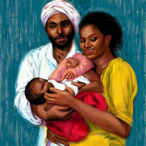 Image similar to a pregnant east african woman with an egyptian man with curly hair in a delivery room, holding newborn baby, very happy, warm colors, vintage, impressionist painting, fine art, oil painting, dreamy, pastel, intricate details, sharp, peaceful, serene