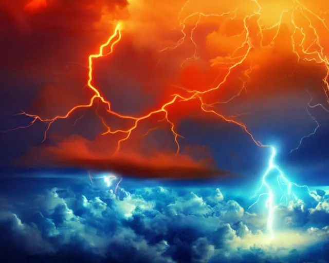 Prompt: jesus battling satan, apocalyptic, epic, blue and orange, fantastical, high contrast, fire, lightning, thunderclouds, armies, wide angle