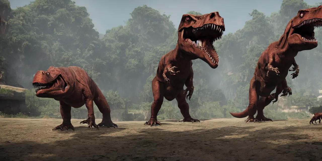 Image similar to communist dinosaur, china, tyrannosaurus, unreal engine, cinematic