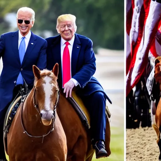 Prompt: joe biden and Donald trump riding a horse together