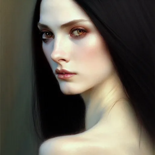 Prompt: Portrait of a beautiful, pale skin, Eastern European female with long black hair, dark eyes, elegant clothing, photorealistic, highly detailed, artstation, smooth, sharp focus, art by Klimt, artgerm, Greg Rutkowski and Alphonse Mucha