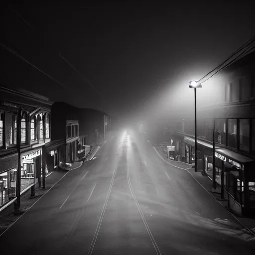 Image similar to A stunningly beautiful award-winning 8K high angle from 2nd floor cinematic movie photograph looking down diagonally across a spooky dark very foggy empty lightless moonlit main street intersection in an abandoned 1950s small town at night. perfect composition, moody low key backlit. Color palette from Seven, greens yellows and reds. 2 point perspective. Octane render, dense fog, no lights