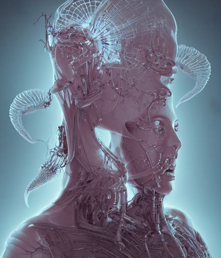 Prompt: fully symmetrical centered portrait of a beautiful princess in robe. artificial muscles, ribcage, bones, hard surface modelling. cyberpunk look. biomechanical mask. bio luminescent biomechanical halo around head. jellyfish. artwork by jarold Sng by artgerm, by Eddie Mendoza, by Peter mohrbacher by tooth wu, unreal engine, octane render, cinematic light, iridescent details, iridescent colors, dichroic, macro, depth of field, blur