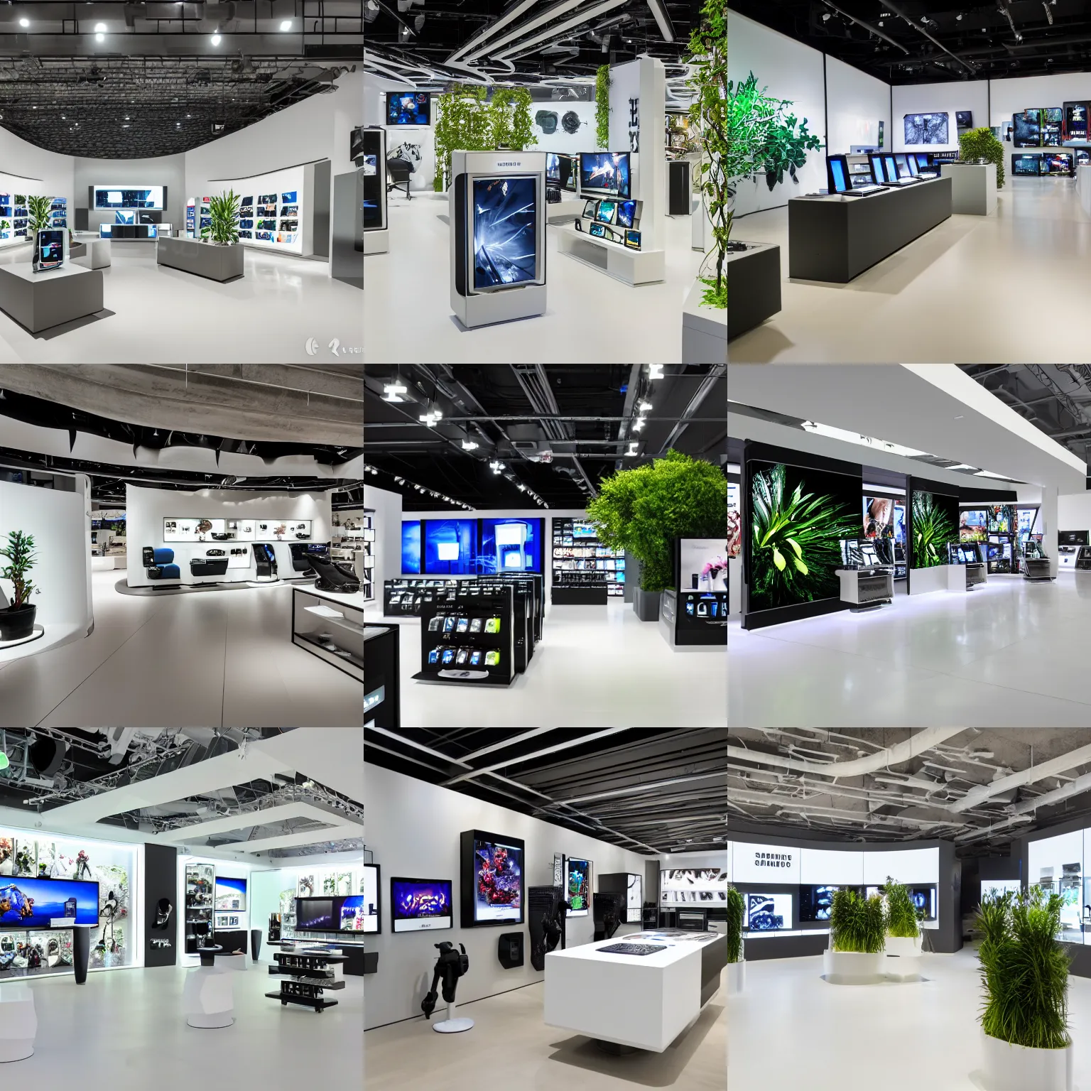 Prompt: hyperdetailed gamer samsung store, polished concrete, white walls, digital screens, curved furniture, lush plants.