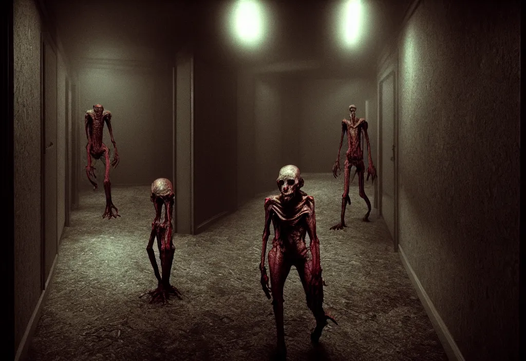 Prompt: beautifully hyperrealistic cinestill octane render of creepy monster entity creature designs by silent hill 3, resident evil, david cronenberg, yasushi nirasawa, hiroya oku, junji ito, apartment hallway, deep aesthetics of silent hill