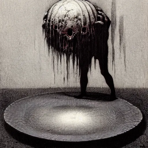 Image similar to aspic on plate, product shot by beksinski, bernie wrightson, trending on artstation, optical illusion, horror film, creepypasta