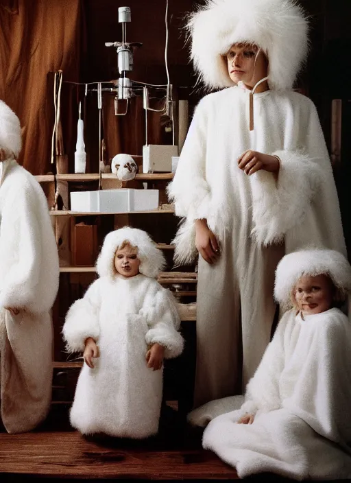 Image similar to realistic photo portrait of the family, white carnival fluffy mask, wearing fluffy cotton cloaks, sitting in the spacious wooden polished and fancy expensive wooden laboratory interior room 1 9 9 0, life magazine reportage photo