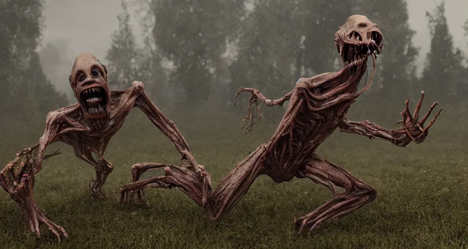 Prompt: still from a horror movie of grotesque alien lunging towards the camera, highly detailed, horror movie scene, unreal engine, octane render, natural light outside raining
