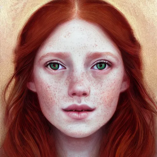 Image similar to portrait of a red haired girl, long hair, green eyes, hint of freckles, beautiful round face, soft amazed smiles, among golden fireflies, highly detailed, deep focus, elegant, digital painting, smooth, sharp focus, golden ratio, illustration, ultra realistic, 8 k, art by leonardo da vinci