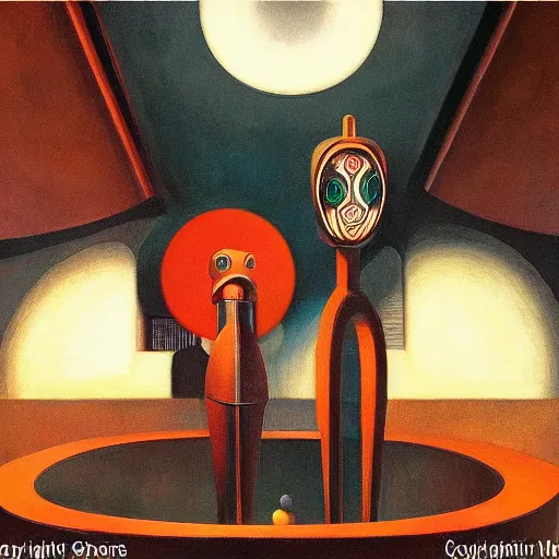 Image similar to three biomorphic robotic seers watchers oracles soothsayers with glowing eyes, inside a dome, pj crook, grant wood, edward hopper, syd mead, chiaroscuro, oil on canvas