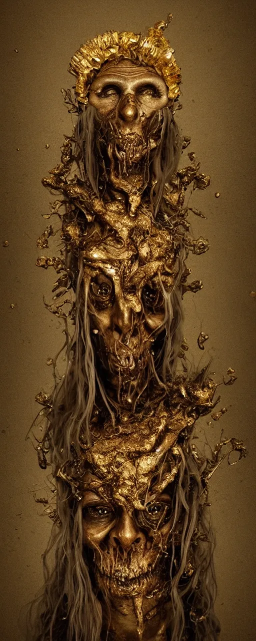 Prompt: portrait photo of a surreal god of death in the middle of a ancient wood, gold raining in the background, ultra super good realistic 3D render by Pete Morbacher and Emil Melmoth, insanely detailed, trending on artstation, sharp focus