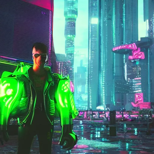 Prompt: cyberpunk super mario super realistic in neon green exoarmour in a cinematic composition