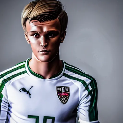 Image similar to a realistic detailed photo of a guy who is an attractive humanoid who is half robot and half humanoid, who is a male android, soccer player martin ødegaard, shiny skin, posing like a statue, blank stare, in a living room, on display, showing off his muscles, spiral eyes