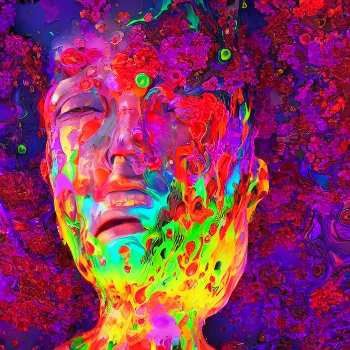 Image similar to illustration of a colorful melting human head. flowers and blossoms, ferrofluids, burning water distortions. intricate abstract. intricate artwork. by tooth wu, wlop, beeple, dan mumford. octane render, trending on artstation, greg rutkowski, cinematic