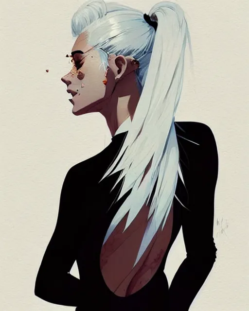 Image similar to a ultradetailed beautiful back painting of a stylish woman with white hair in a pony tail, she is wearing jeans, by conrad roset, greg rutkowski and makoto shinkai trending on artstation