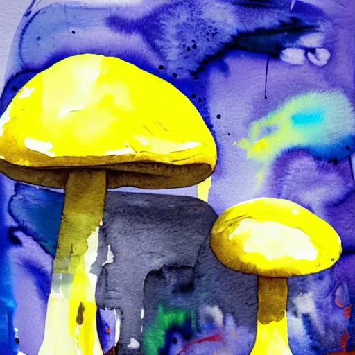 Prompt: a light yellow labrador sitting next to a giant mushroom, rough vibrant watercolor painting, bold brushstrokes, thick wet paint, expressive, drips, spatters, and lively irregular edges, scribble fade