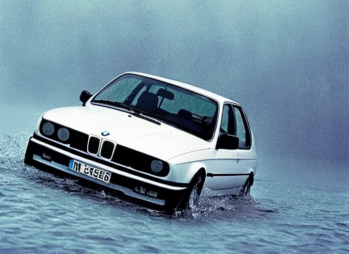 Prompt: “BMW e30 driving through an underwater city, photo taken from a long shot, matter painting, iridescent small fish” H 896