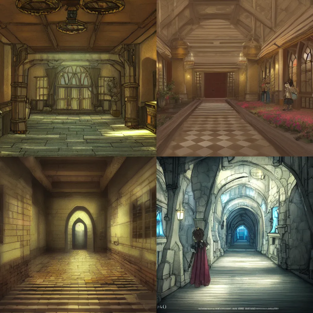 Prompt: inside the castle halls, studio ghibli style, high octane filter, 8k, beautiful lighting, soft details, detailed anime art
