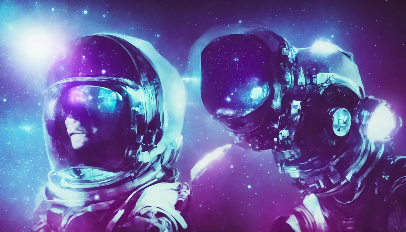 Image similar to photorealistic scene of one cyberpunk astronaut helmet with light reflection looking at space with purple cosmos background, extremely close shot, 8k, cinematic, epic