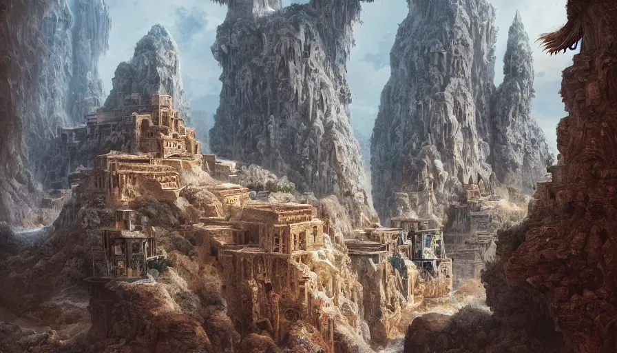 Prompt: a detailed digital painting of a biotech mystical arabic architecture of a city carved into a cliff, by james jean, 1. 1 rule of thirds, ultrarealistic, dramatic lighting, landscape, beautiful, gorgeous, hyper detail, hd, octane render, unreal engine, cinematic, trending on artstation,