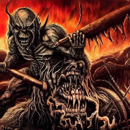 Prompt: big demon with a battle - axe roaring at the screen, heavy metal album cover, demonic, creepy, iron maiden, horror, brutal