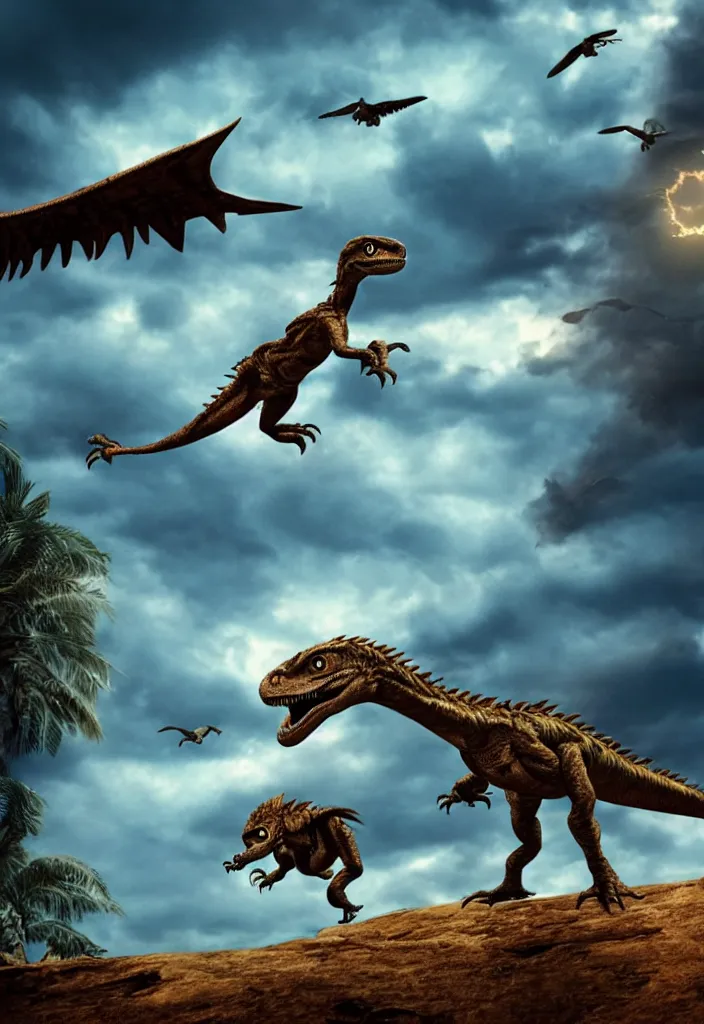 Prompt: a child looking at a velociraptor flying in the sky in the style of a movie poster, realistic, super detailed, cinematographic, epic lighting